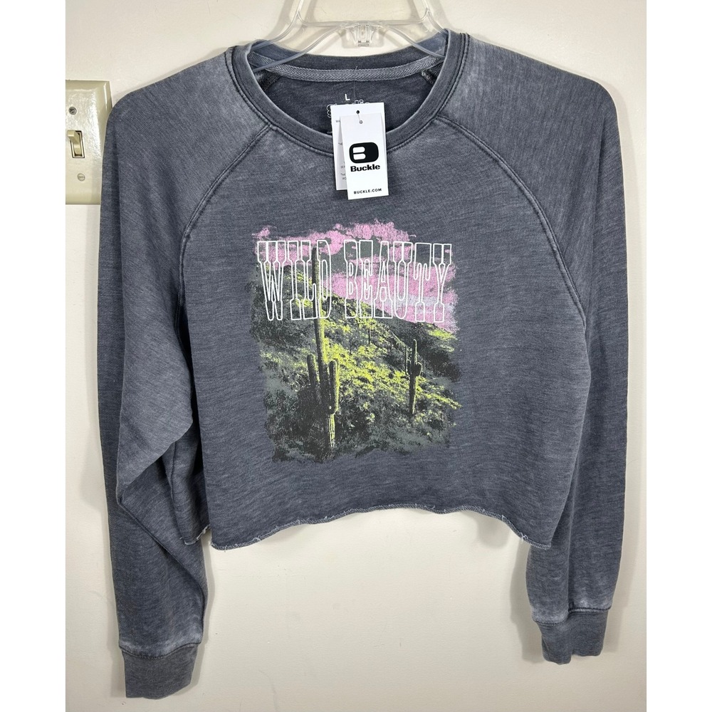 Buckle Goodie Two Sleeves Crop Top Womens L Grey Wild Beauty Cactus Acid Wash
